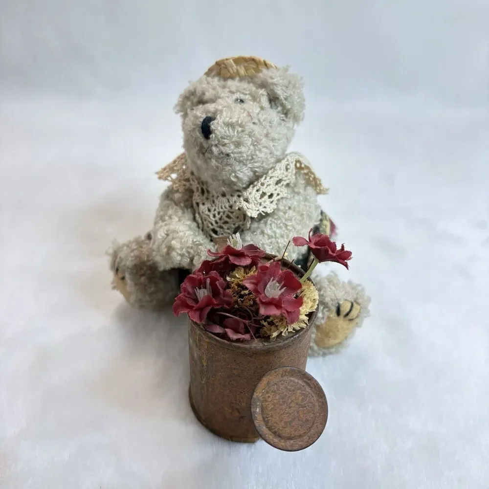 Adorable Vintage Hand Made Small Batch Teddy Bear With Watering Can And Flowers
